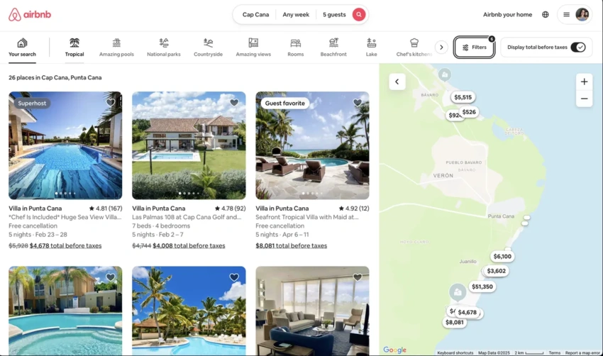 Example of listings search on Airbnb