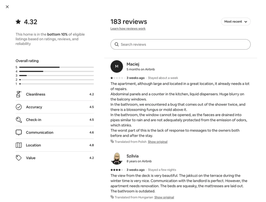 Instance of recent reviews to one of the Airbnb listings