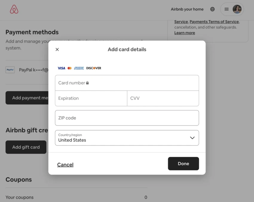 Payments methods on Airbnb platform