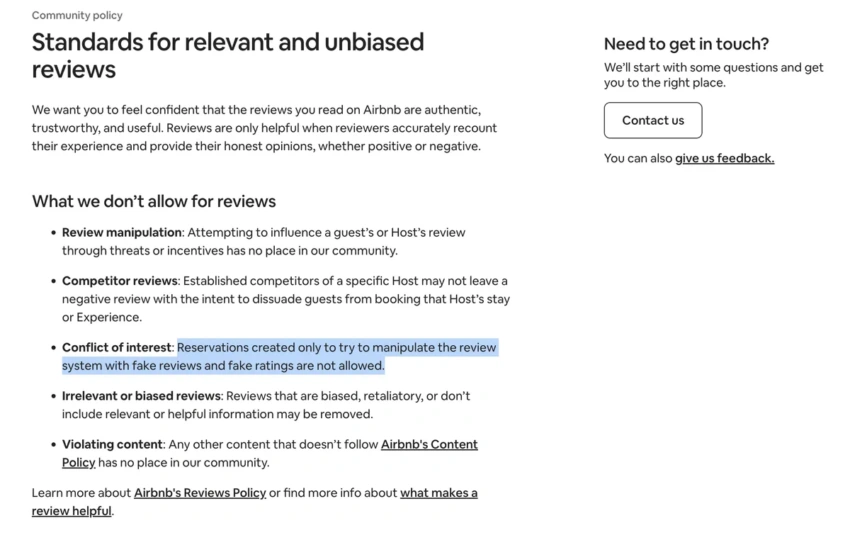 Airbnb fake reviews policy