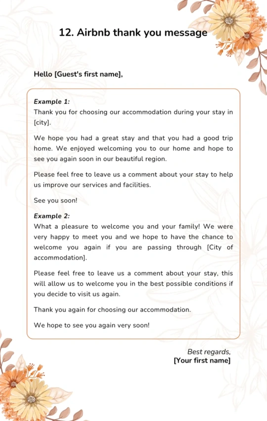 Thank you message for guests on Airbnb