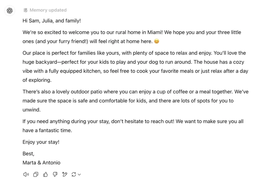 Personalized welcome message for Airbnb guests