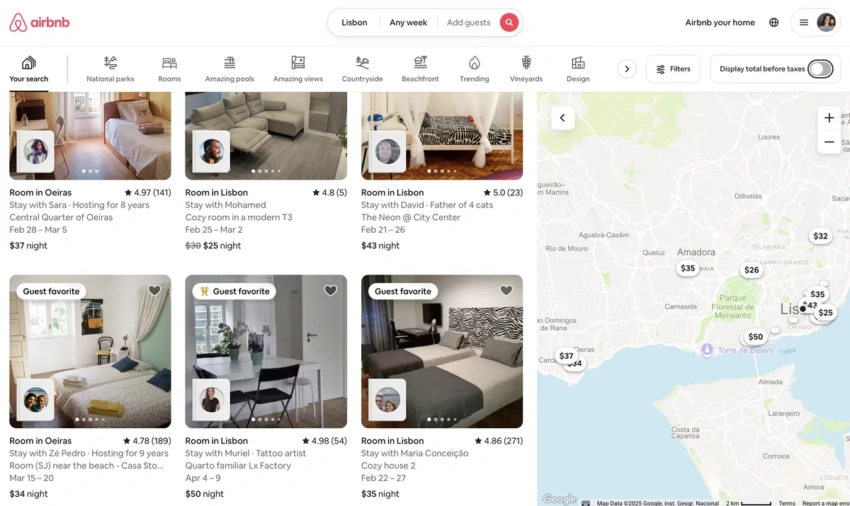 Comparison of prices in search results in the area on Airbnb