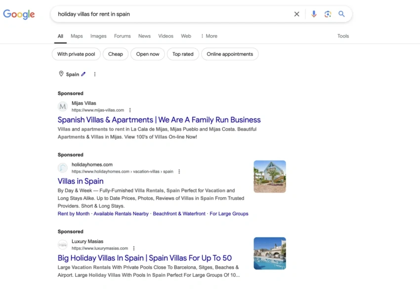 SEO search results on Google