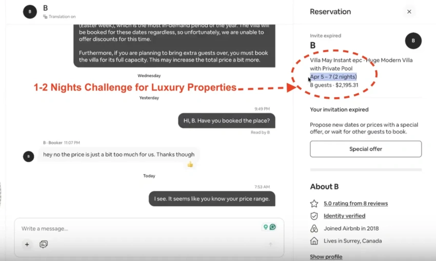 Example of communicating minimum night stay requirements for luxury vacation rentals on Airbnb