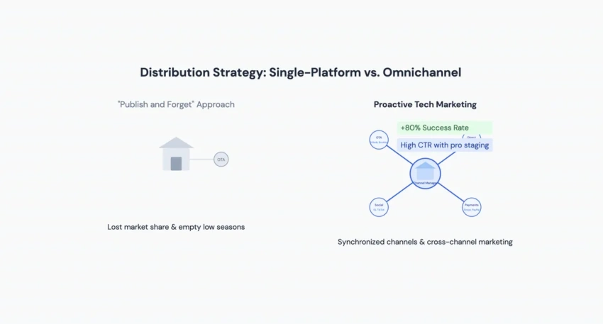 Comparison of a "publish and forget" single-platform strategy versus proactive tech marketing and omnichannel distribution