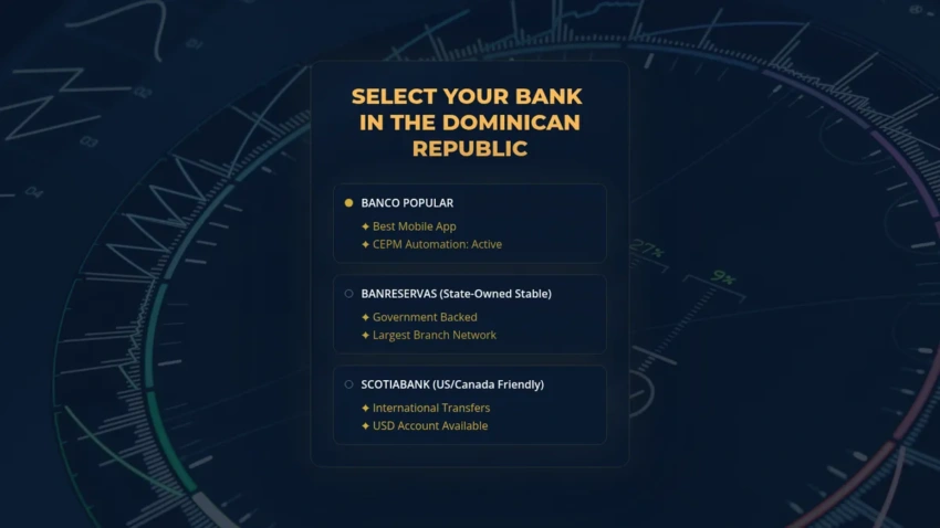 Interface showing the best banks for property owners in the Dominican Republic